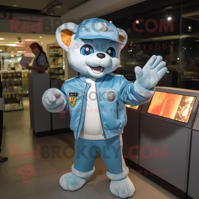 Produktbild von Himmelblaue REDBROKOLY Katze als Maskottchen kostüm gekleidet in eine Bomberjacke und Mützen