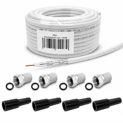 Produktbild von 15m ARLI Koaxialkabel – max. 135 dB 5-fach geschirmt + 4x F-Stecker & 4x Gummitüllen für DVB-S2 DVB-C2 DVB-T2 4K HD TV