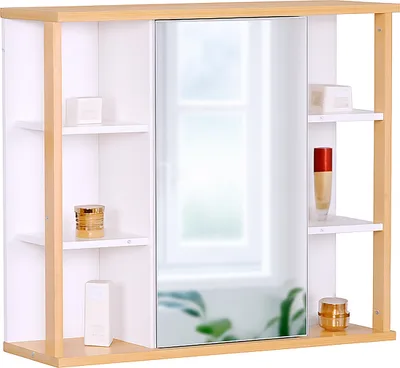 Produktbild von Relaxdays Spiegelschrank, 6 Ablagen, 2 Innenfächer, HxBxT: 64 x 62 x 21 cm, Wandmontage, Bad Hängeschrank, weiß/ natur