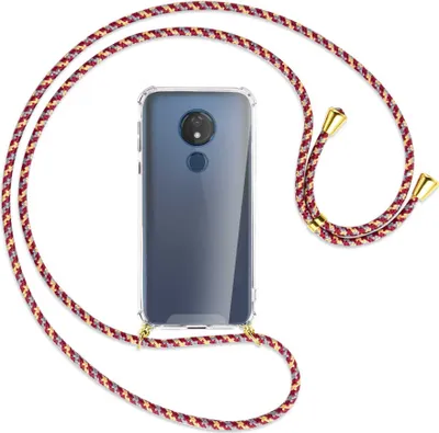 Produktbild von Handykette Backcover-Schutzhülle mit Band (Metall goldfarben) für Motorola Moto G7 Power - weinrot/gelb/grau