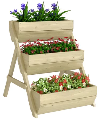 Image de Étagère verticale pour plantes - Jardinière à 3 niveaux - 3 pots de fleurs - Bois de sapin - Vert