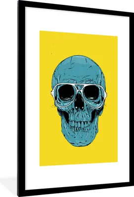 Produktbild von MuchoWow® Gerahmtes Poster Totenkopf - Blau - Gelb - Brille 60x90 cm - Poster mit Schwarzem Bilderrahmen Wandposter Rahmen Foto Bilder - Dekoration - Wandposter Wohnzimmer - Hochwertig