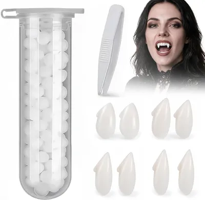 Productafbeelding van Pairs vampier tanden kit 4 maten vampiertanden - Set van 4 - 1 tube tanden pellets lijm voor Halloween cosplay