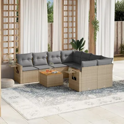 Produktbild von Design 9-tlg. Garten-Sofagarnitur mit Kissen Beige Poly Rattan, Gartensofas 2024 Neu