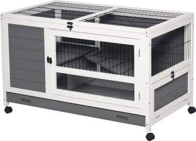 Image de PawHut Cage à lapin clapier sur roulettes clapier en bois cage à lapin villa pour lapin avec plateau coulissant, porte verrouillable, dessus ouvrable 102 x 60 x 63,5 cm, gris