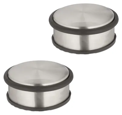 Image de Lot de 2 butoirs de porte Relaxdays, H x P 4,5 x 10,5 cm, plats et lourds, antidérapants, frein de porte en acier inoxydable, argent/noir