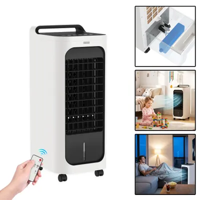 Image de YARDIN : climatiseur évaporatif mobile blanc avec 3 modes de fonctionnement, télécommande et minuterie, réservoir d'eau de 4 litres, roulettes pivotantes à 360°, ventilateur sans tuyau avec bacs à cristaux de glace inclus, pour la maison et le bureau