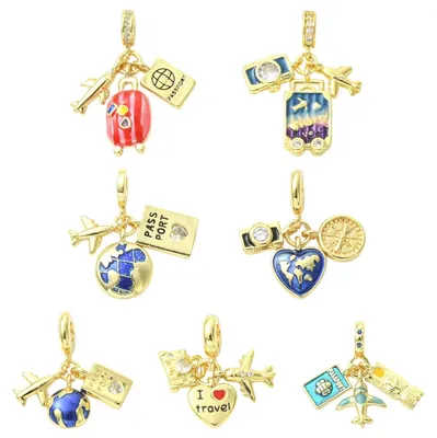 7 Reise-Anhänger gold, Flugzeug, Erde, Kamera, Gepäck, 21,5–33,5 mm