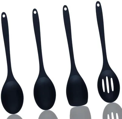 Produktbild von Silikonische Küchenutensilien, 4 Stücke, schwarze Küchenleisten, Servierlöffel, silikonische Kochlöffel, silikonische Löffel, groß für Kochen, Backen, Rühren