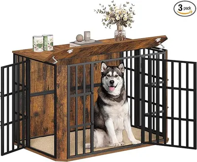 Produktbild von Hundekäfig Möbel, Hochbelastbar Hundebox aus Holz für den Innenbereich mit Futtertür Oben, Mehrtür-Design, Großer Hundekäfig-Beistelltisch, 120 x 75 x 81 cm, Vintage Braun DFC86801B