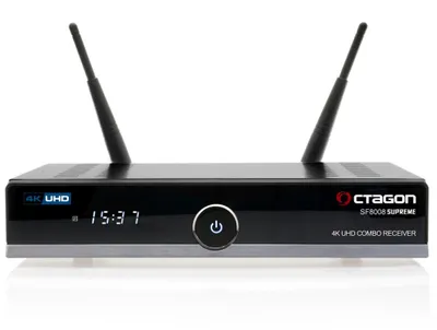 A black and silver Octagon SF8008 UHD 4K Supreme Combo Receiver with two antennas is shown against a white background.