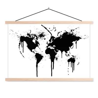Produktbild von MuchoWow® Textilposter Weltkarte - Tinte - Schwarz - Weiß - Kinder - Jungen - Mädchen 60x40 cm mit holzfarbenen Rahmen - Bilder