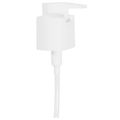 A white pump dispenser with a long tube, isolated on a white background.