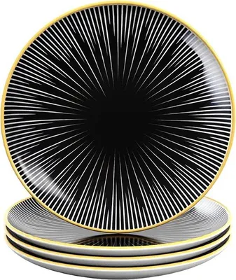 Image de Intirilife 4x Assiette en porcelaine Motif Rayé - Noir Blanc - Diamètre 15.3 cm - Assiette petit déjeuner Assiette à dessert Assiette de service pour salade Fruits Pâtes Dessert Plat principal et snacks