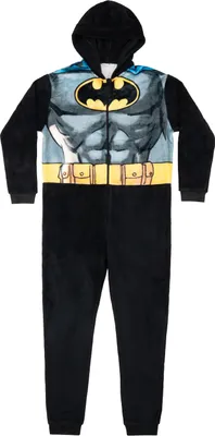Produktbild von DC Comics Batman Kostüm für Herren und Damen - Overall mit Kapuze für Erwachsene Onesie Jumpsuit Einteiler Uni Schwarz Karneval Halloween Cosplay Party, Größe:XXL
