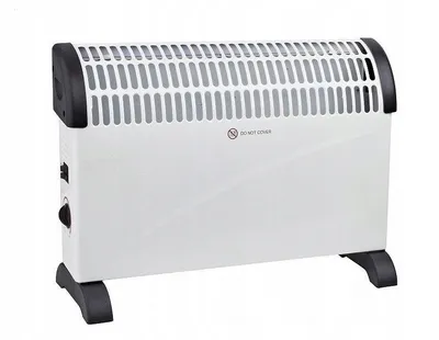 A white electric heater with black accents and feet, shown on a white background.