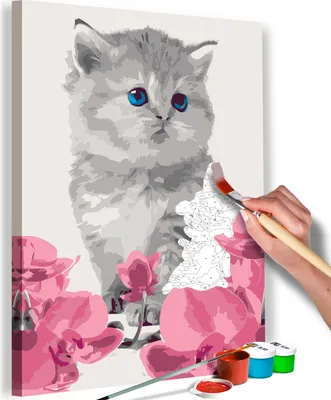 Image de Peinture par numéros Chat 40 x 50 cm Kit de peinture avec cadre en bois sur toile pour adultes Enfants Peinture Kit DIY Animaux Fleurs Orchidée