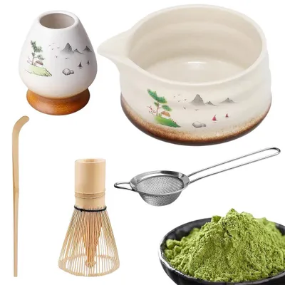 Produktbild von Matcha Set Tea (5-teilig) Keramik, Japanische Teezeremonie Matcha Schale Bambus Matcha Schneebesen, Schaufel, Sieb & Zubehör für Matcha-Liebhaber