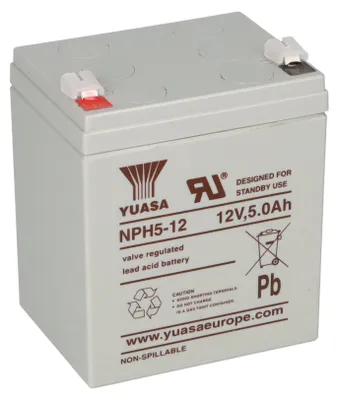 A close-up studio shot of a gray Yuasa NPH5-12 valve regulated lead acid battery.