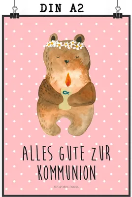 Produktbild von Mr. & Mrs. Panda Bild Bär Kommunion DIN A2 - Rot Pastell - Geschenk, drucke, Gottes Segen, Posterdruck, Kunstdruck, Teddy, Katholisch, Wandbild, Plakat, Taufkerze