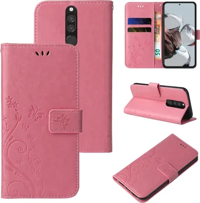 Produktbild von Handyhülle für Xiaomi Redmi 8 Floral Blumen Schmetterling Flip Cover Hülle Case Klapphülle Handytasche Farbe: Rosegold