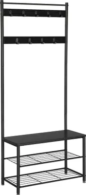 A black metal coat rack with a bench and shoe shelves.