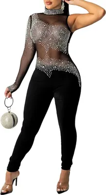 Produktbild von Glitzernde Eleganz: Damen Mesh Jumpsuit Gr. M - Ein-Schulter-Langarmige-Bodysuit mit funkelnden Strass-Verzierungen