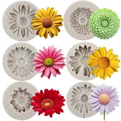 Produktbild von Silikonform Blumen 6er Set Chrysanthemen Gänseblümchen Sonnenblumen Fondant Seife Deko