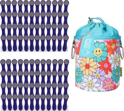 Produktbild von 96 Wäscheklammern Indigo Grau Edelstahl und 1 bellaCott Wäscheklammerbeutel Blumen Smiley