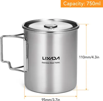 Produktbild von Lixada 750 ml Tasse Outdoor -Edelstahl -Wasserbecher mit faltbaren Griffen und Deckel zum Camping -Wanderwander -Rucksack
