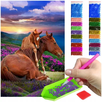 Produktbild von ARTULIO - Diamond Painting Set - Pferde auf Blumenwiese bei Sonnenuntergang - 60 x 40 cm - Groß XXL - Crystal Art, Komplettset Mosaik + Zubehör