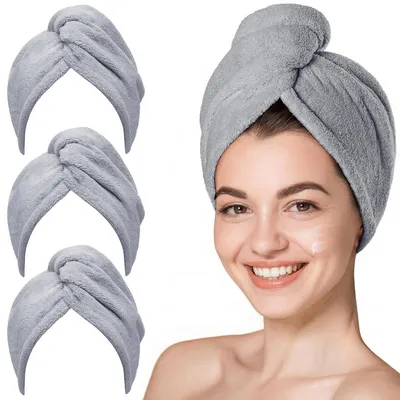 Immagine prodotto di Set di 3 asciugamani per capelli in microfibra, tipo turbante, colore grigio, ad asciugatura rapida e altamente assorbenti