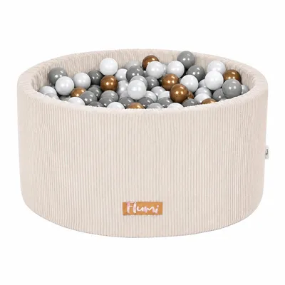 Produktbild von Flumi Bällebad Baby - Bällepool Kinder 90x40cm mit 200 Bällebad Bälle ∅ 7cm in EU hergestellt - dunkelbeige + goldgraue Kugeln