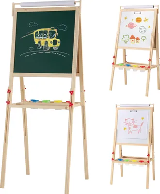 Produktbild von GOPLUS Doppelseitiger Kunststaffelei, Holzstaffelei höhenverstellbar mit magnetisches Whiteboard & Blackboard, 2 Aufbewahrungsbehälter, Natur