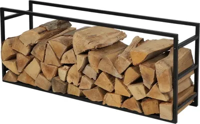 A black metal firewood rack filled with logs, presented against a white background.