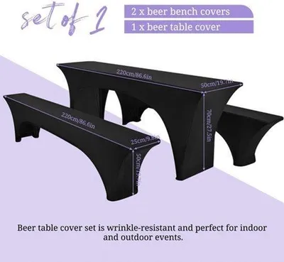 Productafbeelding van 3 stuks zwarte biertafelhoezen, stretch biertafel- en krukhoezen voor 50 cm brede biertentset 220 x 50 x 80 cm voor banket tuinmeubelen buiten