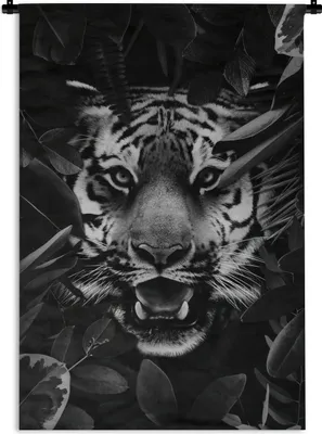 Produktbild von MuchoWow® Wandteppich Wandbehang Tiger zwischen den Blättern - schwarz und weiß 60x90 cm Tapisserie Dekoration Wandtuch - Foto-Teppich - Abwaschbar