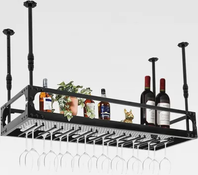 Produktbild von Deckenregal Weinregal mit Glashalter, Hängendes Weinglasregal, Industrieller Hängender Weinflaschenhalter, Metall-Deckenregal für Bar-Café-Küche (Schwarz, 100x35cm)