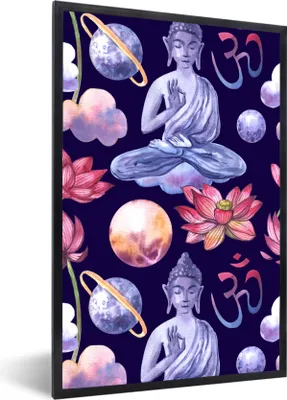 Produktbild von MuchoWow® MuchoWow® Gerahmtes Poster Buddha - Muster - Planeten 40x60 cm - Poster mit zchwarzem Bilderrahmen - Papierdruck - Wandbilder