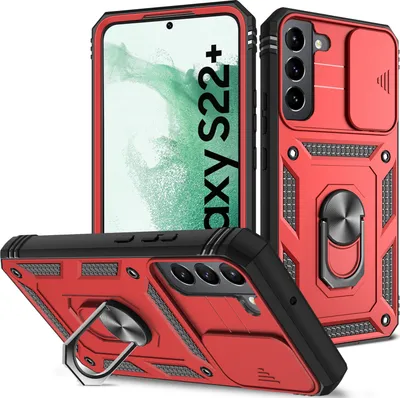 Immagine prodotto di Custodia per Samsung Galaxy S23+ protezione fotocamera scorrevole, resistente agli urti, con supporto ad anello, supporto e porta carte di credito rosso