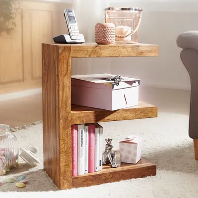 Produktbild von FineBuy Moderner Massivholz Beistelltisch E-Cube mit großer Ablagefläche und Regal 44x60x30 cm