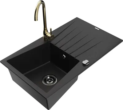 Produktbild von Mexen Cesar 1 Becken-Granitspüle mit Abtropffläche und Mischbatterie Telma, Schwarz - 6514-77-670200-50-B