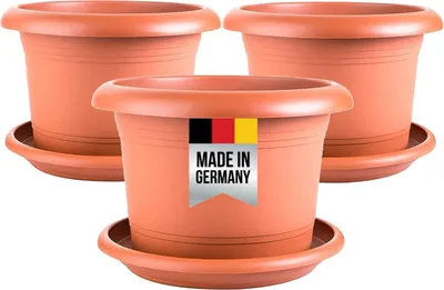 Produktbild von Große Blumentöpfe terracotta 3er Set mit Untersetzer, frostsicher, Ablauflöcher
