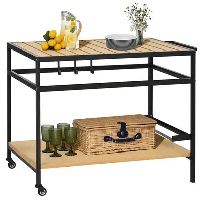 Produktbild von Servierwagen Industrie-Design wetterfest, 107x65x80 cm, Schwarz+Natur, 2 Etagen, 3 Haken, Rollen