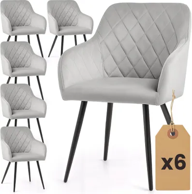Produktbild von 6er Set Velours Esszimmerstühle mit Rautensteppung VELTO Grau mit schwarzen Beinen