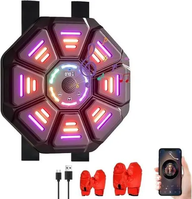 Obrázek produktu pro Boxovací trenažér s LED osvětlením – boxovací trenažér se 2 boxerskými rukavicemi, 10 režimy a 9 rychlostmi, boxovací stroj s inteligentním připojením Bluetooth