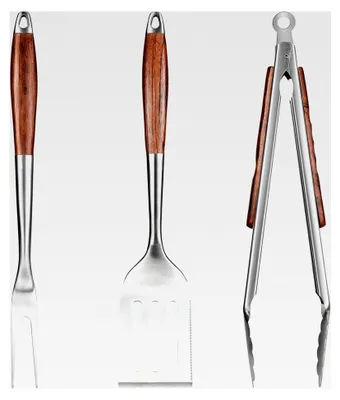 Produktbild von Grillzubehör Set aus Edelstahl mit Holzgriff, 3-teiliges BBQ Werkzeug Set inklusive Grillzange, Spatel und Gabel, praktischer Flaschenöffner - ideal zum Grillen und als Geschenk