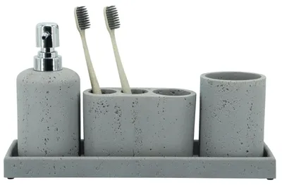 Imagen del producto de Juego de accesorios para baño de 4 piezas en gris claro, que incluye dispensador de jabón y soporte para cepillos de dientes