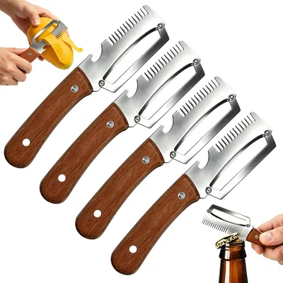 Produktbild von 3-in-1 Gemüseschäler - Mit Julienne-Schneider und Flaschenöffner - Edelstahl mit Holzgriff - Für Kartoffeln Karotten Äpfel Gurken Kürbis