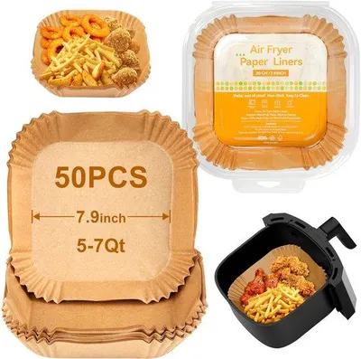 Immagine prodotto di 50 fogli di carta da forno monouso resistente al calore per friggitrici ad aria, 20 cm quadrati, senza BPA, per sacchetti da 5-7 litri, resistente all'olio